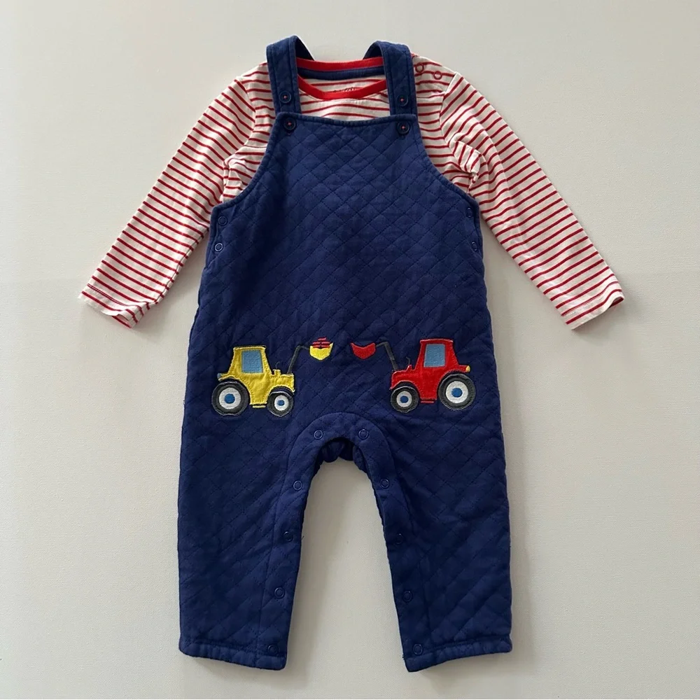Baby Boden Boy 12-18 Months Excavator Blue Quilted Overalls Top Set Outfit